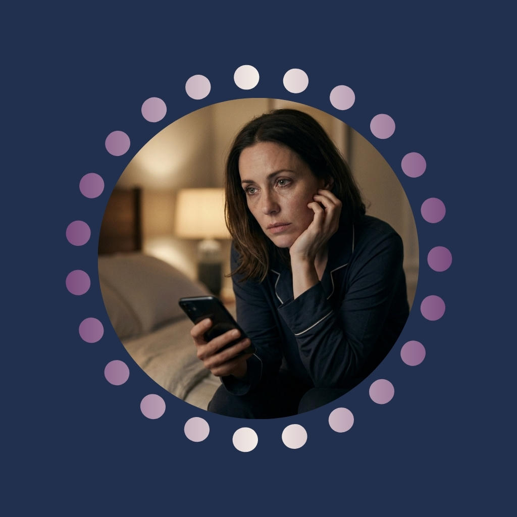 A woman anxious and scrolling her phone late at night